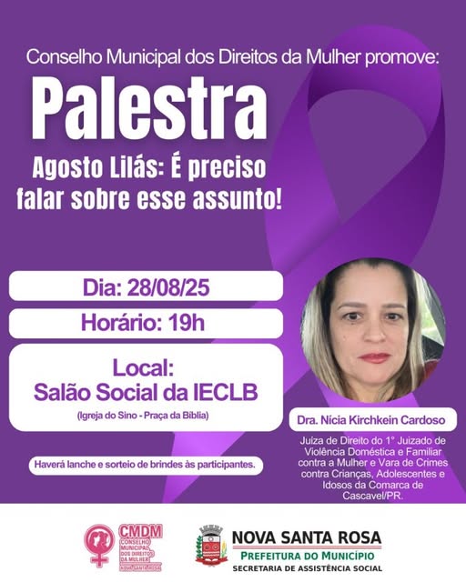 Juíza ministrará palestra sobre enfrentamento à violência contra a mulher na noite desta quinta-feira (28) em Nova Santa Rosa