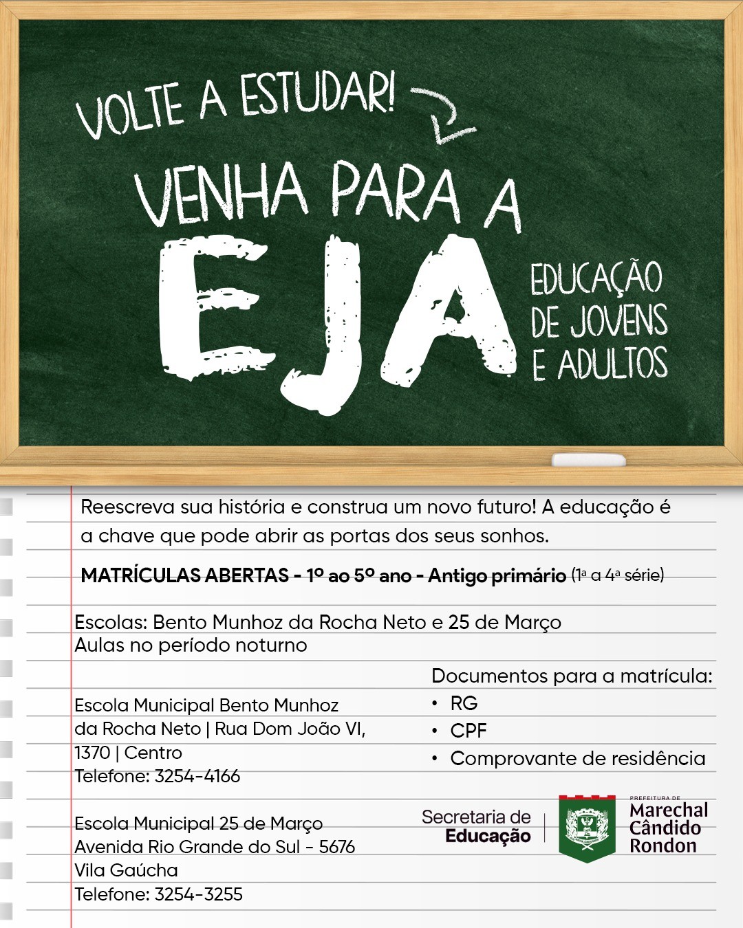 Secretaria de Educação informa que ainda há vagas para a EJA em Marechal Cândido Rondon