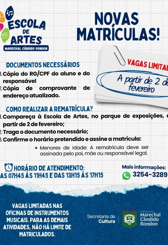 Continuam abertas as matrículas para a Escola de Artes de Marechal Cândido Rondon