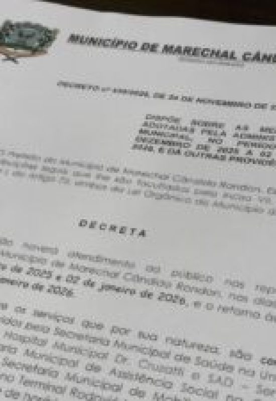Definidos os horários de funcionamento das repartições públicas municipais rondonenses neste final de ano e início de 2026