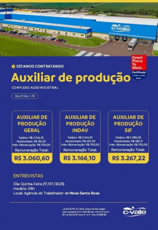 C.Vale realizará entrevistas de emprego para a contratação de auxiliares de produção na quinta-feira (17)