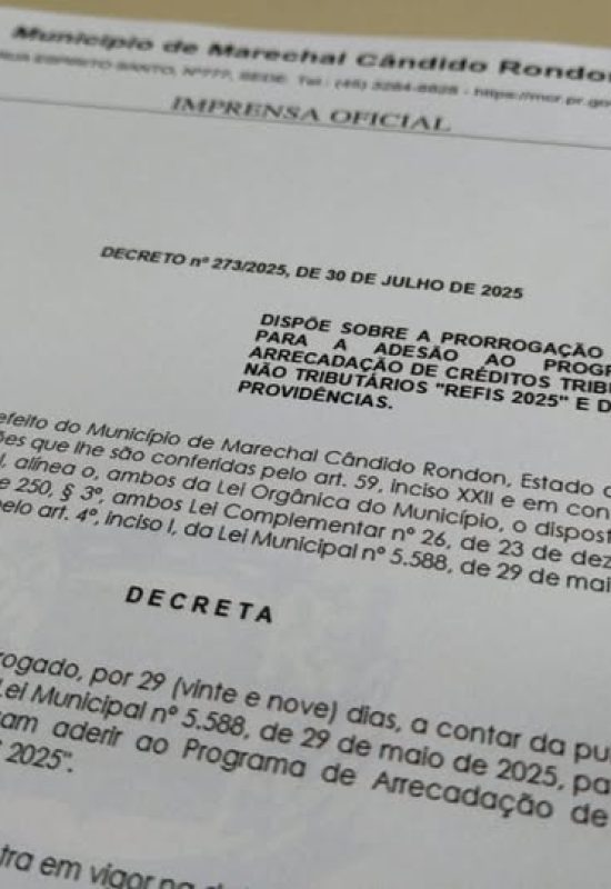 Prazo para adesão ao REFIS 2025 de Marechal Rondon segue até 30 de agosto