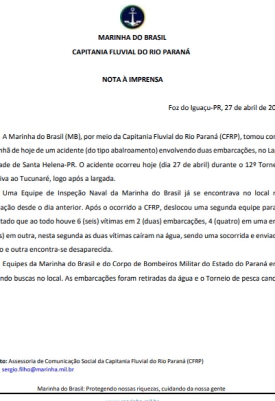 Marinha do Brasil divulga nota sobre o acidente envolvendo embarcações no torneio de pesca esportiva em Santa Helena